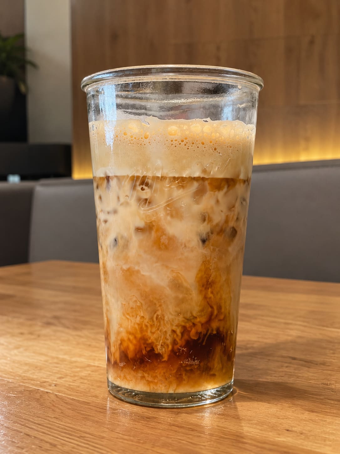 Café helado de Cacto con remolinos de espresso y leche en vaso de vidrio