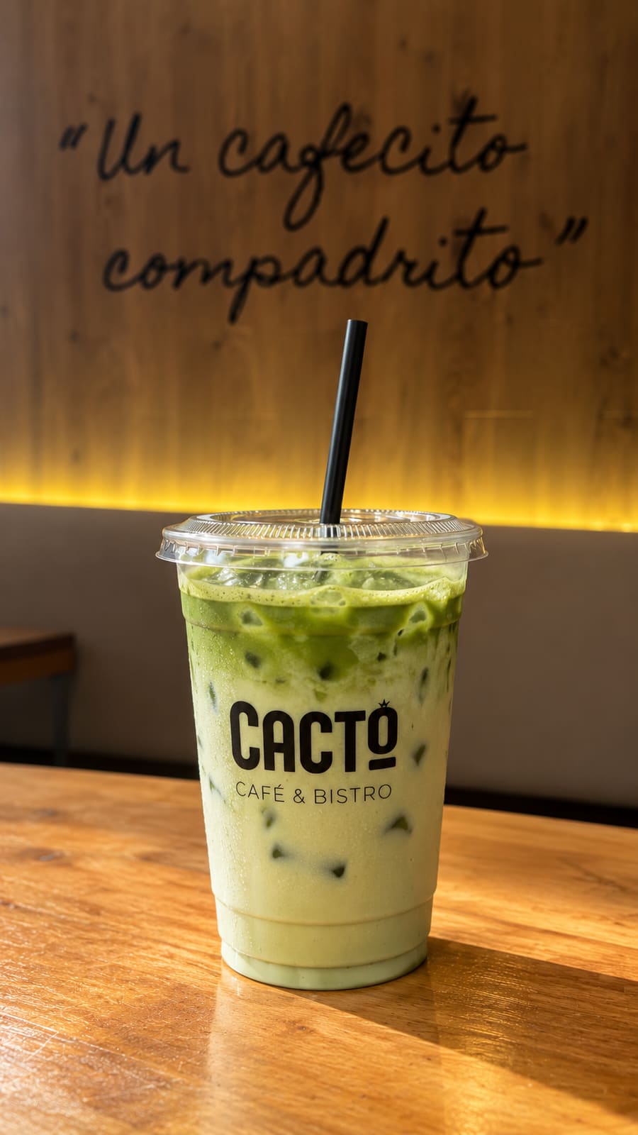 Matcha helado de Cacto frente a la frase pintada en la pared: Un cafecito compadrito